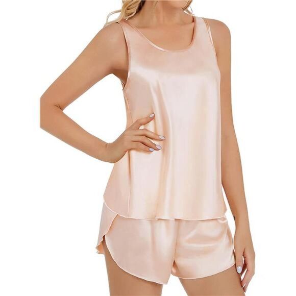 Silk Satin Pajama Set: Short-Sleeved Button Down Two-Piece Loungewear for Women - Picture 1 of 6